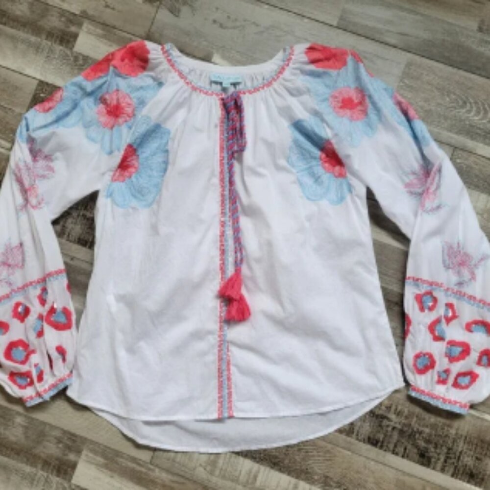 Taj By Sabrina Crippa White Embroidered Long Sleeve Top Size Medium